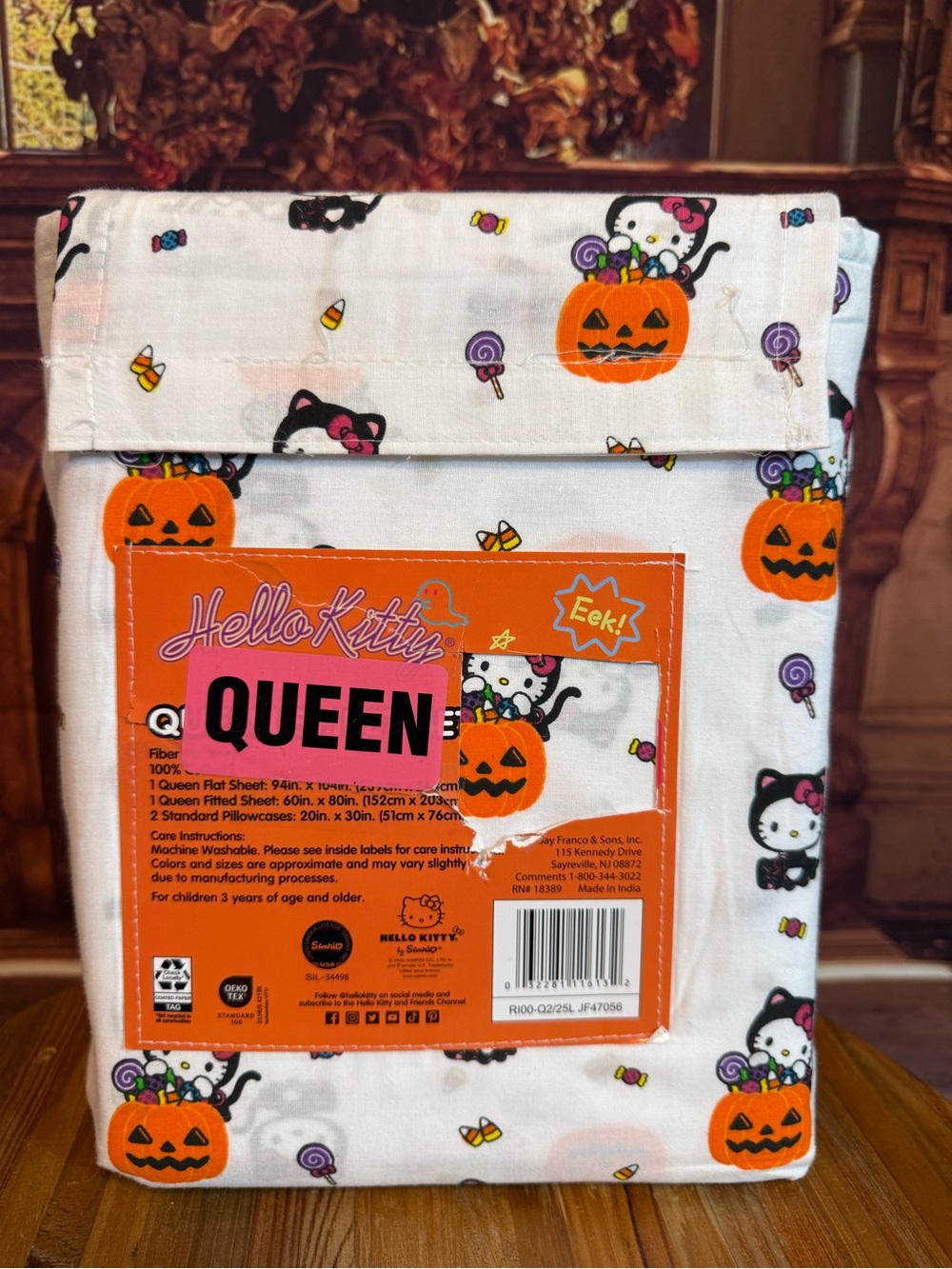 Hello Kitty Queen Halloween Sheet Set NWT Cotton Pumpkins Candy Corn Bows
